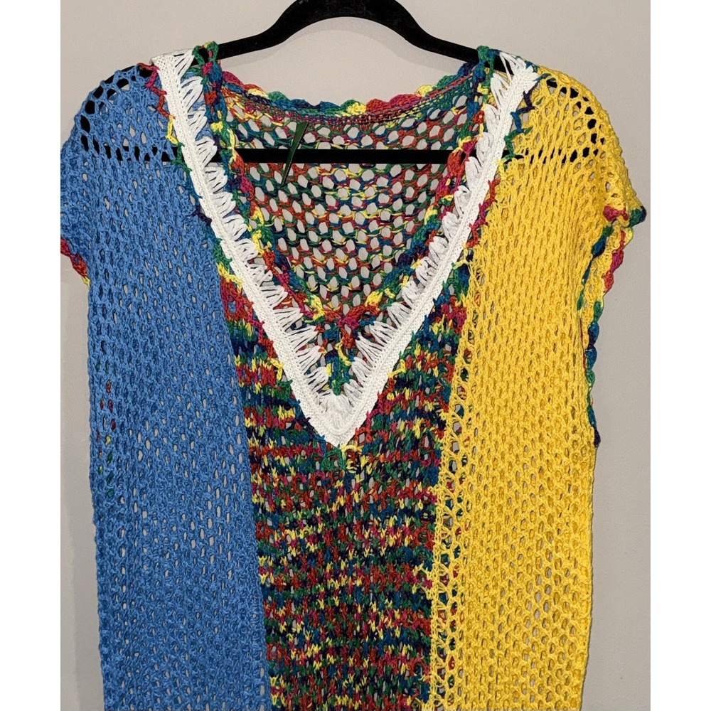Crochet Knit Beach Cover Up Tunic Boho Festival Fringe Color block Open Knit OS - Picture 4 of 7